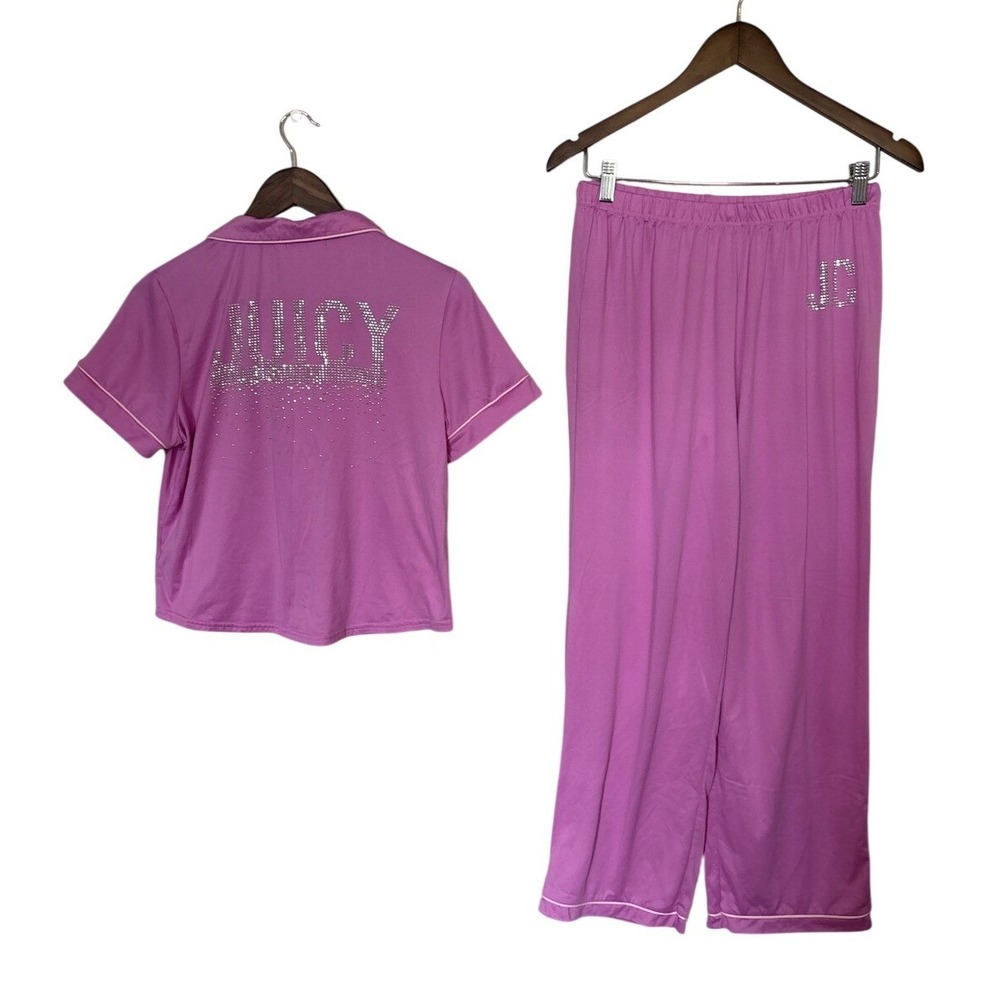 Juicy Couture Pink Rhinestone Logo Pajama Set Short Sleeve Top Pants Small